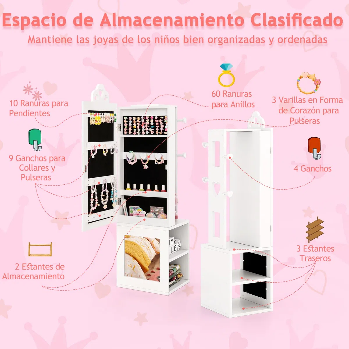 GOPLUS Armario de Joyería para Niños con Espejo de Cuerpo Entero, Organizador de Joyería Infantil de Pie con Perchero, Sistema Antivuelco, Armario de Joyería Princesa para Dormitorio (Blanco)