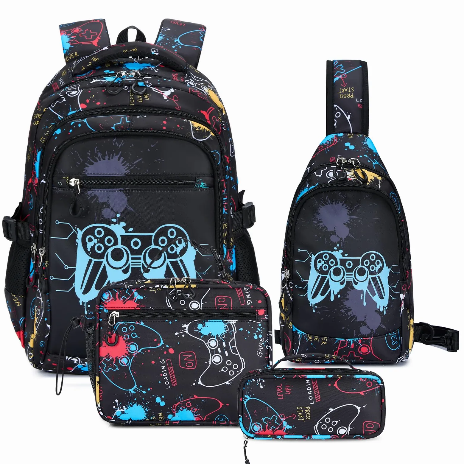 Amythe Mochila Escolar para Niños Adolescentes, Luminosa Nocturna 4 Piezas | Set Completo con Bolso Pecho, Bolsa Almuerzo & Estuche - Mochila Casual para Chicos - Impermeable para Cole Ocio, Negro