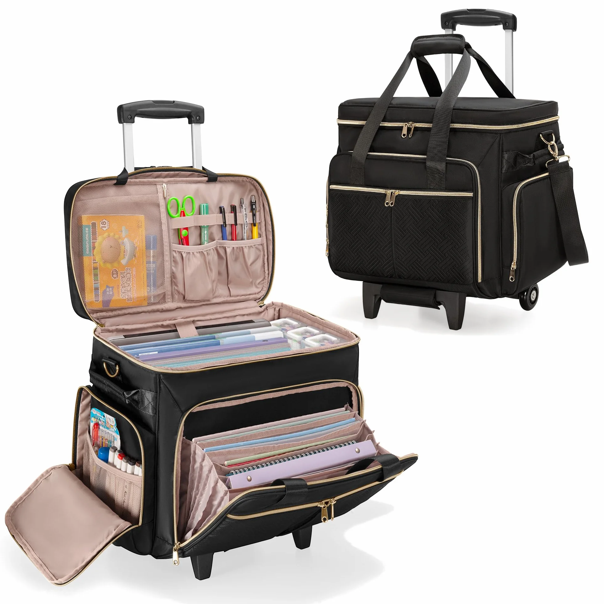 Bolsa Rodante para Profesores con Ruedas, Bolsa de Mano para Profesores con Carrito Desmontable, Bolsa para Profesores con Ruedas para Ordenador Portátil de 15,6", Negro (Diseño de Patente) | 6 fundas frontales para archivos, se adapta a portátiles de 15.