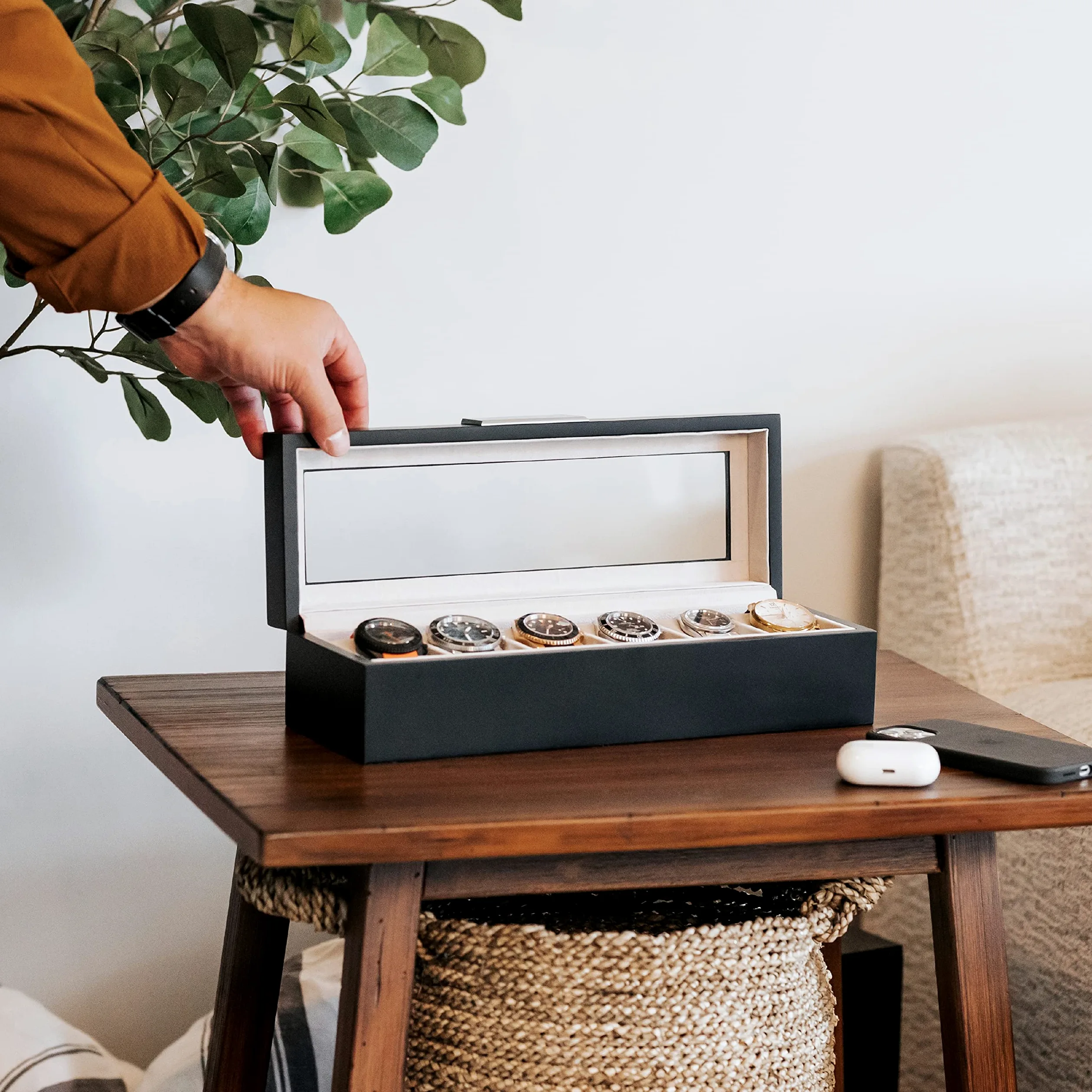 CASE ELEGANCE - Caja de reloj de madera con clip de metal y cristal auténtico, color negro