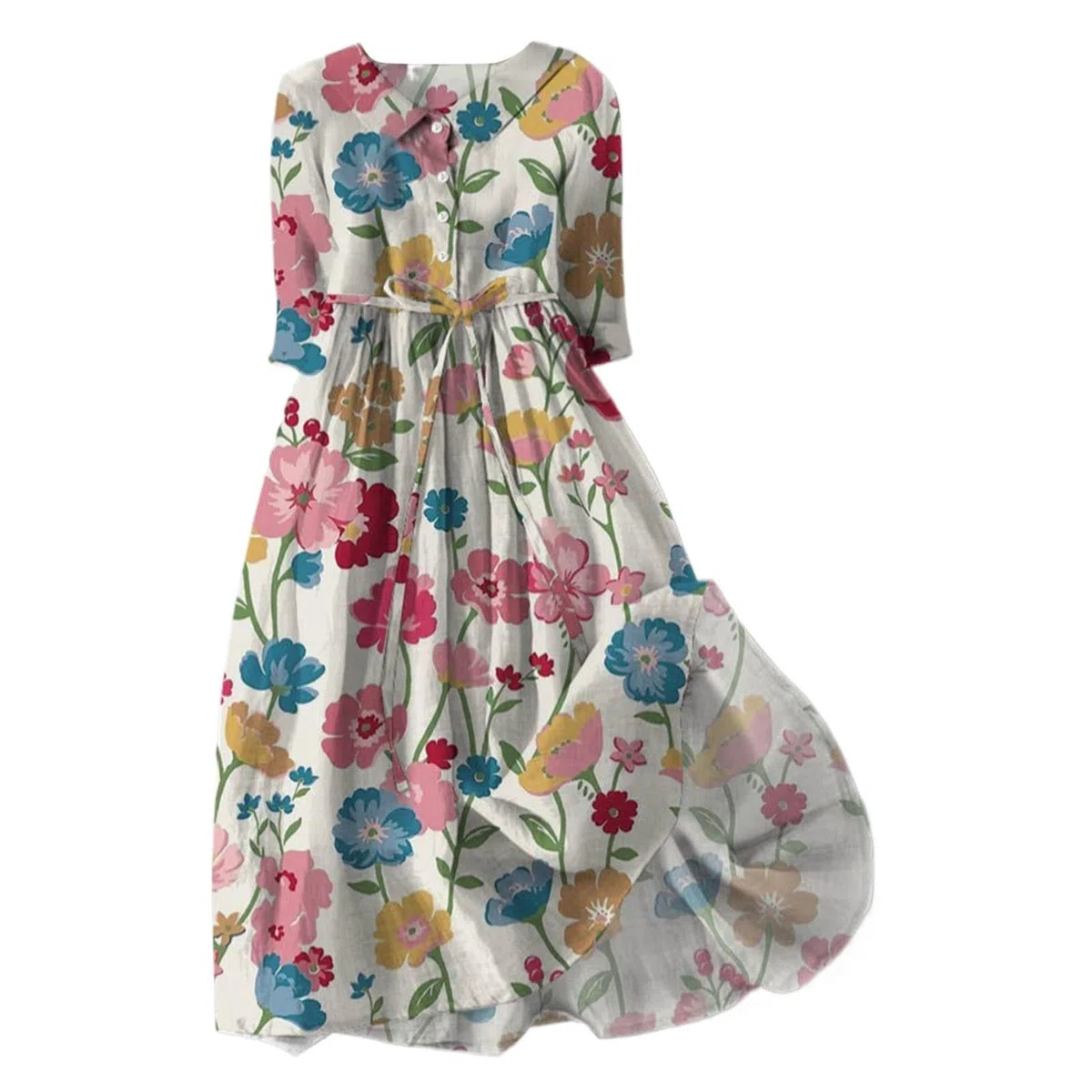 Vestido con estampado floral para mujer con botones frontales, vestido largo casual de manga larga con dobladillo drapeado para primavera y verano