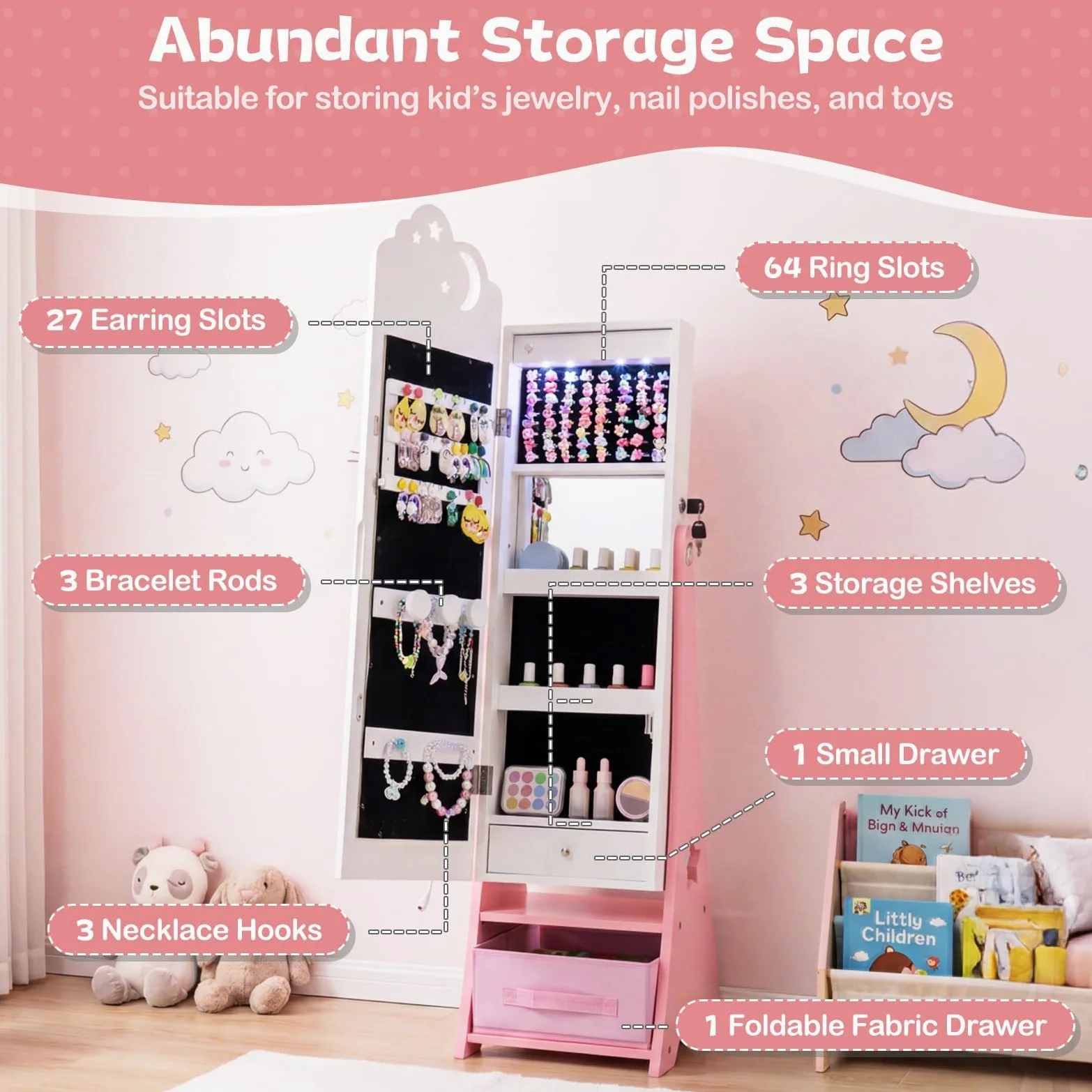 FANTASK Armario para joyas para niños, armario con espejo con iluminación LED y espejo de cuerpo entero, organizador de joyas inclinable con espejo interior y cajones, para habitación de los niños