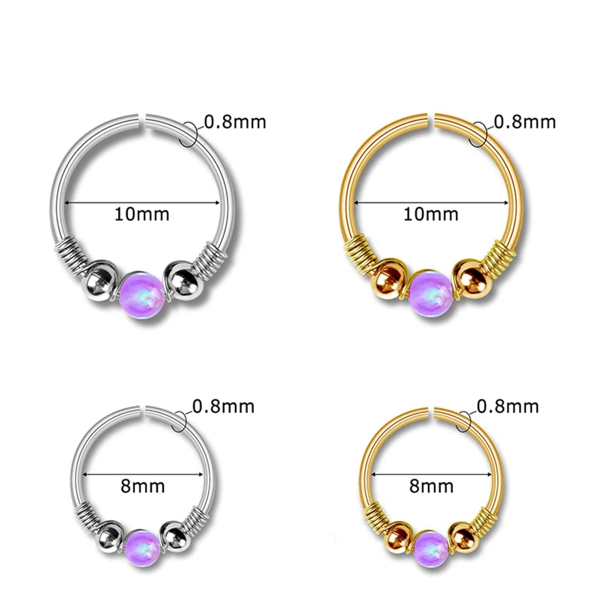 10 anillos de nariz para mujer y hombre, anillos de nariz de 20 g, aro de acero inoxidable con ópalo y cuentas de 8 mm, 10 mm, piercing de nariz