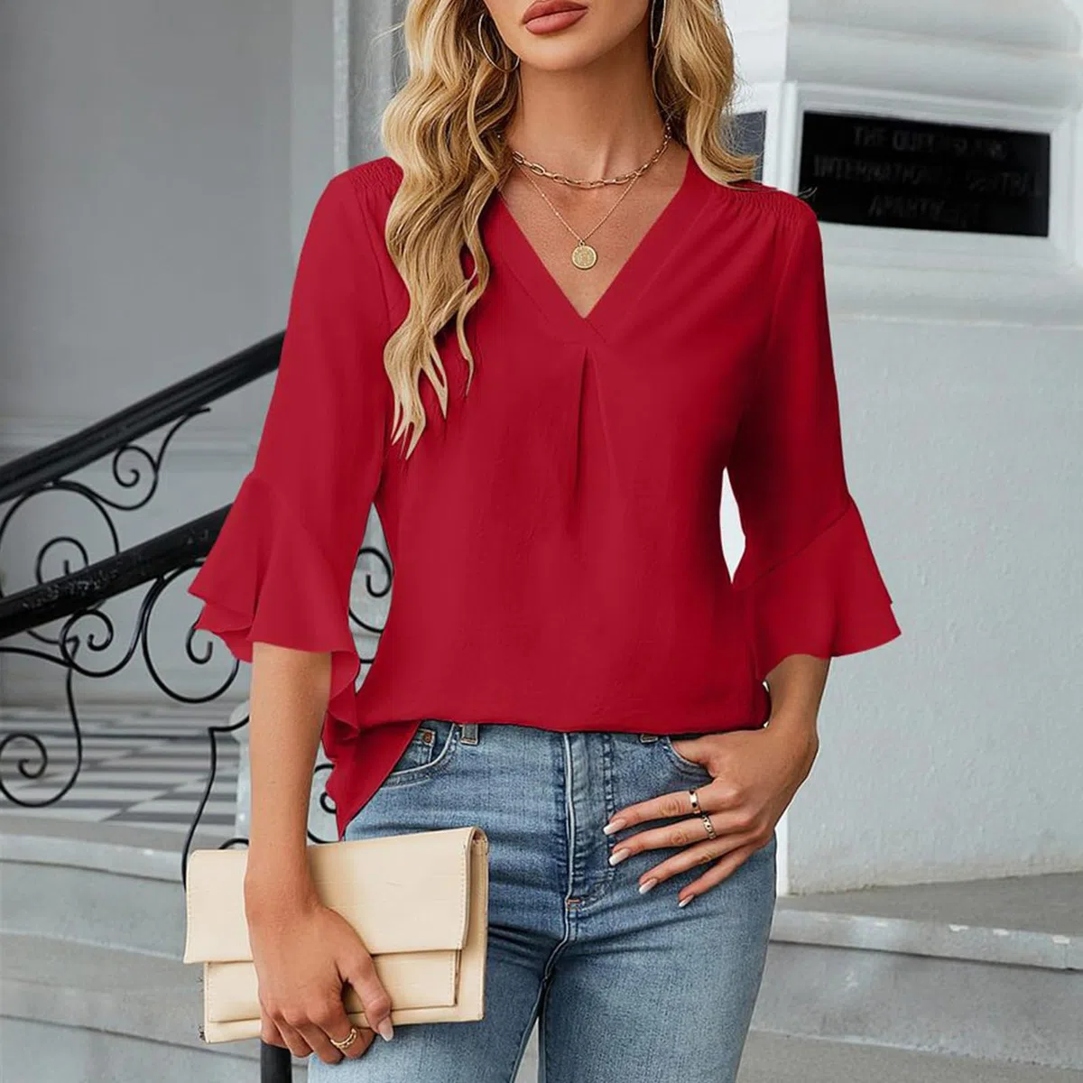 Elegante blusa de manga con volantes de tres cuartos de longitud y cuello en V, ligera y elegante para el trabajo y el ocio, camiseta femenina