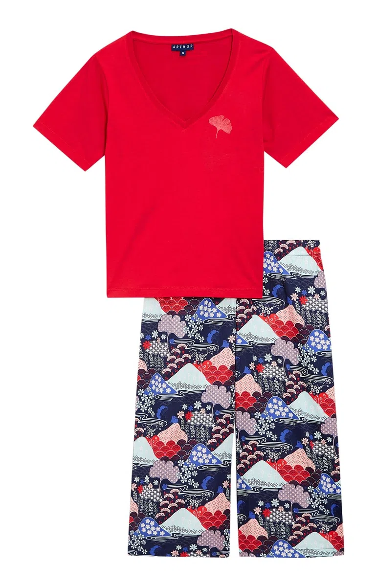 ARTHUR – Pijama corsario para mujer Fuji – Conjunto de pijama para mujer – Camiseta de manga corta y pantalón medio largo – Algodón procedente de la agricultura orgánica – Marino – Talla S, azul, S