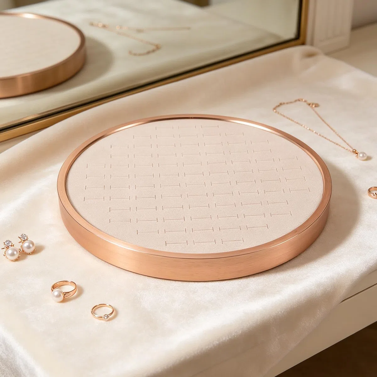 Bandeja redonda para joyas: organizador de pendientes con 68 ranuras, bandeja para exhibir collares de 29,6 cm (11,65'') - Plato decorativo para guardar anillos, collares, llaves y