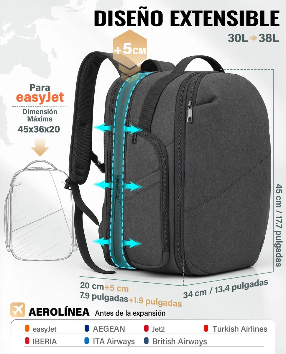 VANKEV Mochila de Viaje Expandible Equipaje de Mano para EasyJet Bolsa PC | 30L-38L, Gran Capacidad, Mochila Ligera para Portátil 17", Mochila de Viaje Casual para Hombre y Mujer, Gris Basalto