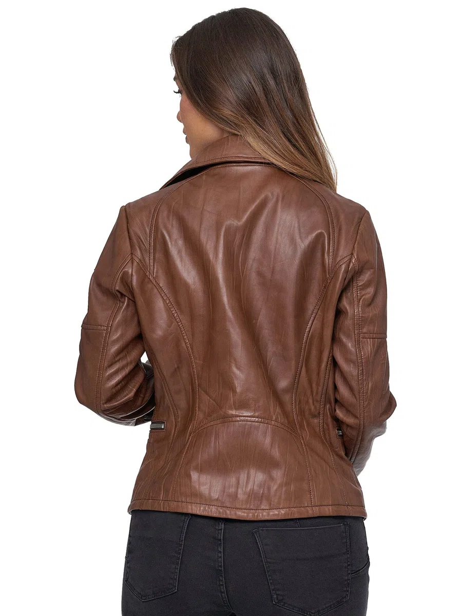 Tazzio Chaqueta de piel moderna y atemporal para mujer en aspecto motero con cuello de solapa F501