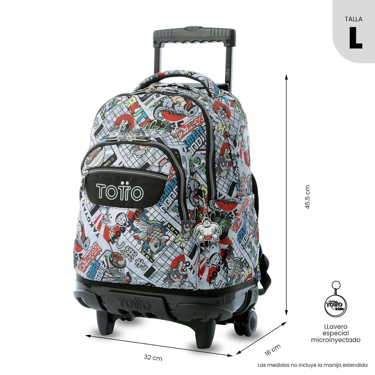 TOTTO - Mochila Escolar con Ruedas, Modelo Renglones, Capacidad 26,21 Litros, Bolsillo para PC 14", Bolsillo Botella, Correas en S para Mayor Comodidad, Resistente, Estampado Ramen Gris