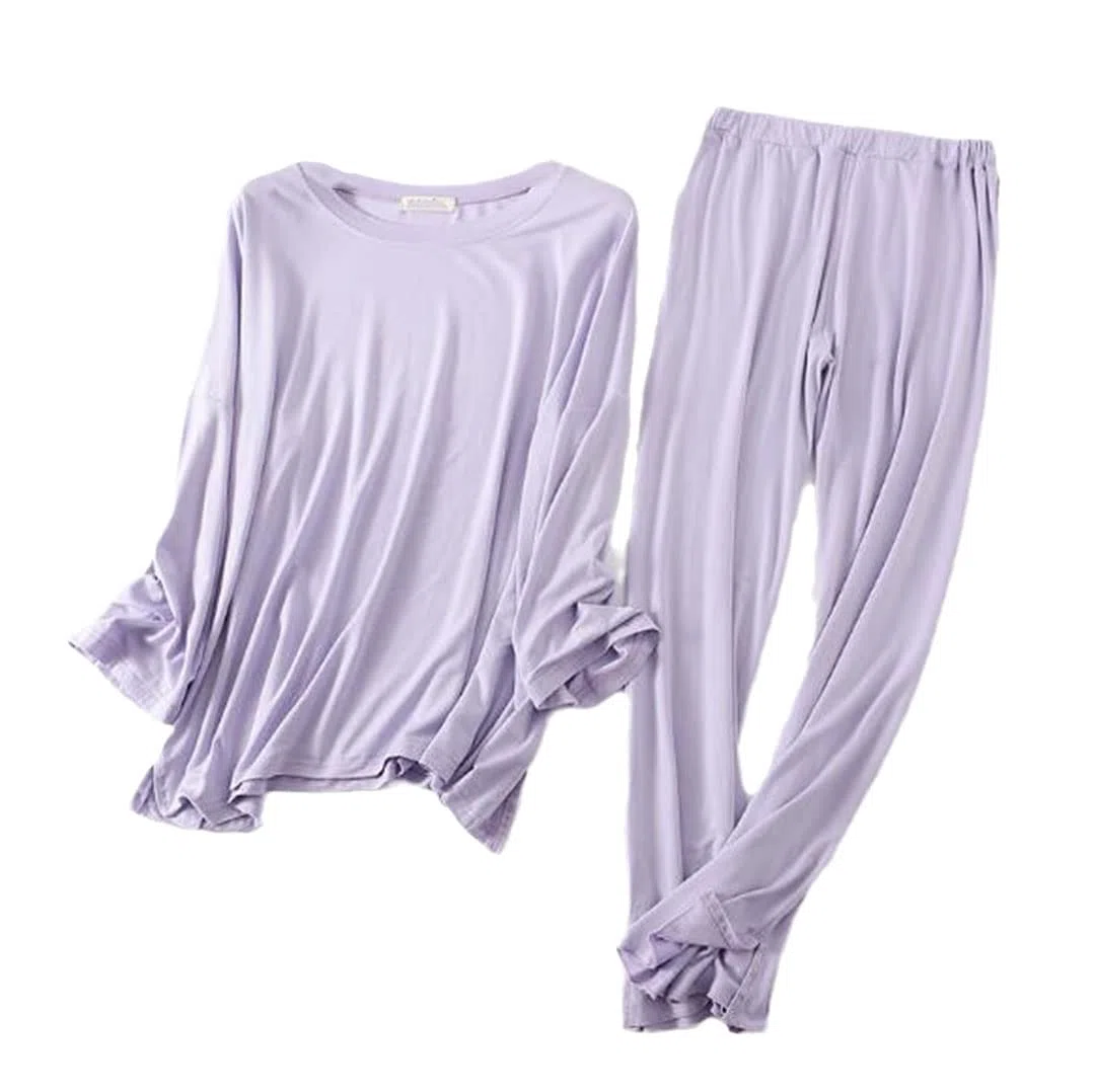 Conjunto de pijama de manga larga de algodón modal cómodo otoño e invierno para mujer, morado claro, XL