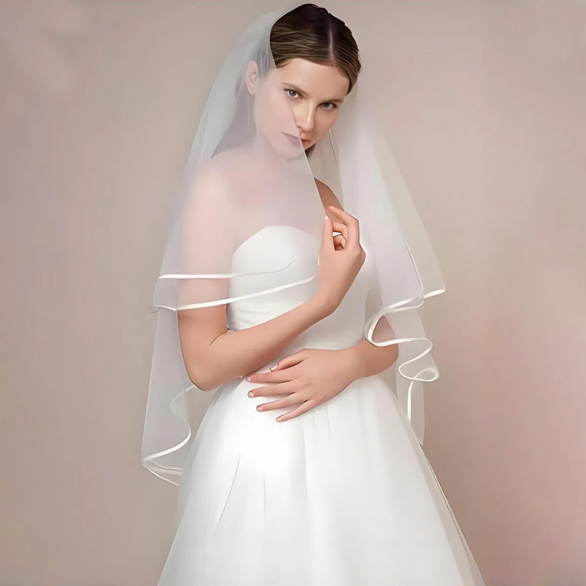 Velo de Novia Blanco, Velos Novia, Velo de Novia Blanco con Peine 2 Niveles, 60-80 cm, para Bodas