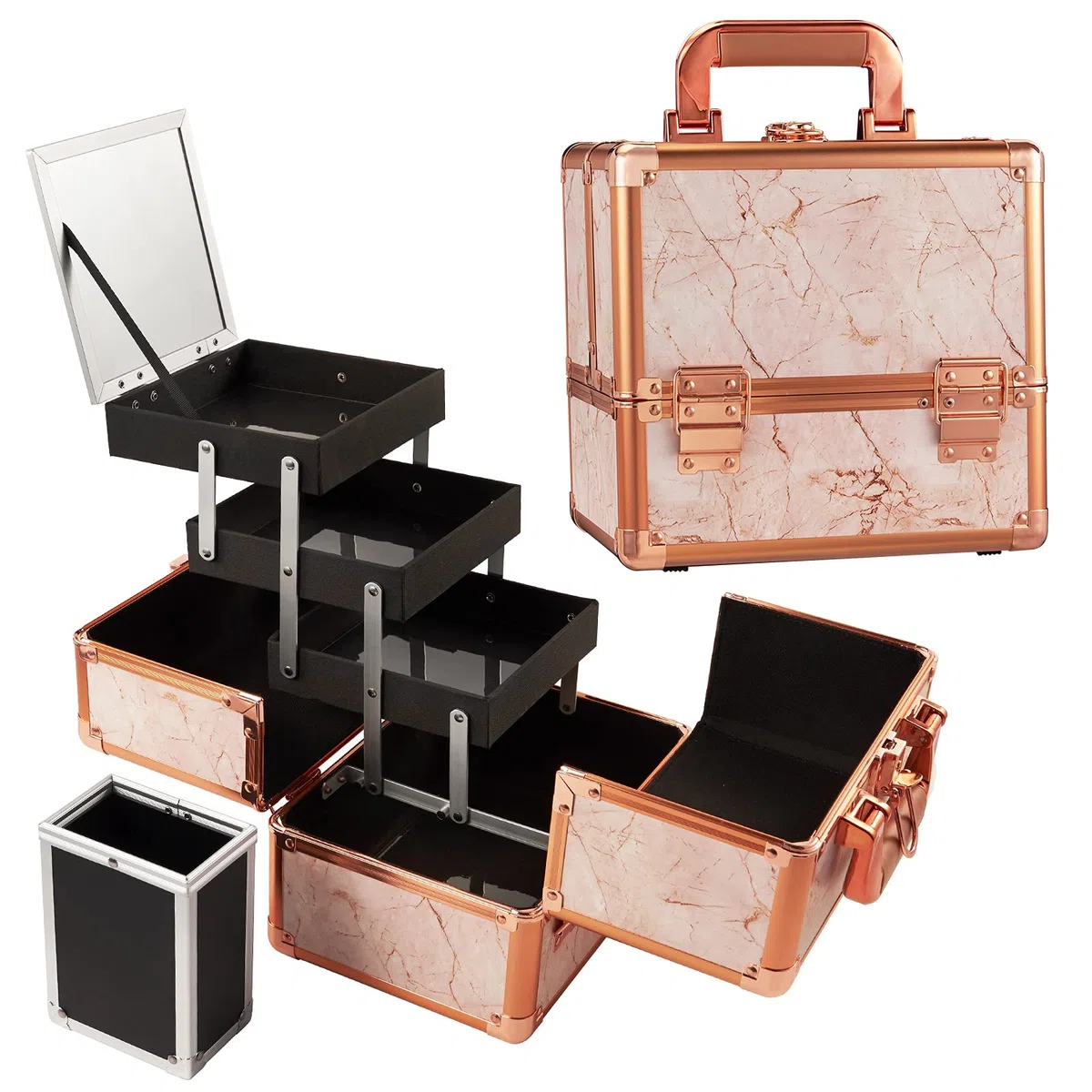 Maletin Maquillaje Estuche Maquillaje vacío con Espejo de Aluminio Beauty Case con portaescobillas multiestuche con Cerradura, Mármol Oro Rosa