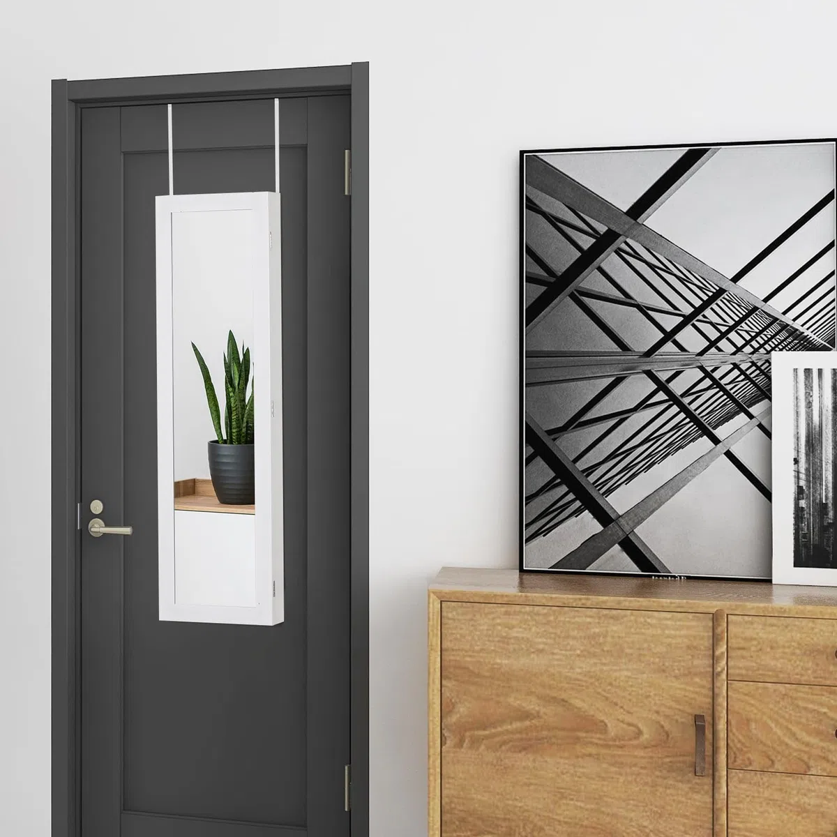 HOMASIS Espejo Joyero de Pared o Puerta Gabinete de Joyería con Espejo de Figura Completa Espejo Joyero con 2 Espejos para Maquillaje, Organizador de Joyería, Blanco,TF10821GRDE-HS