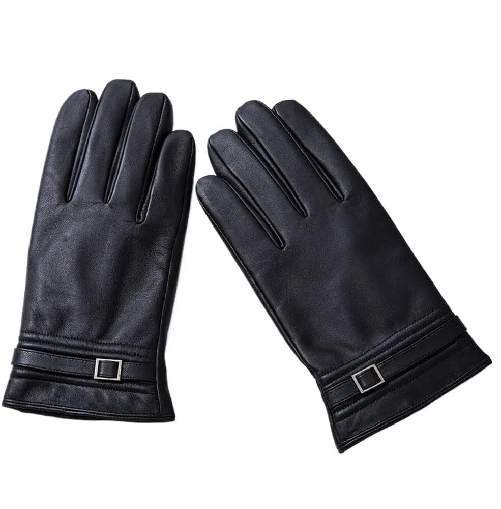 Gorro térmico Guantes de Cuero for Hombre Pantalla táctil Forro Polar Piel Oveja Negro ML XL
