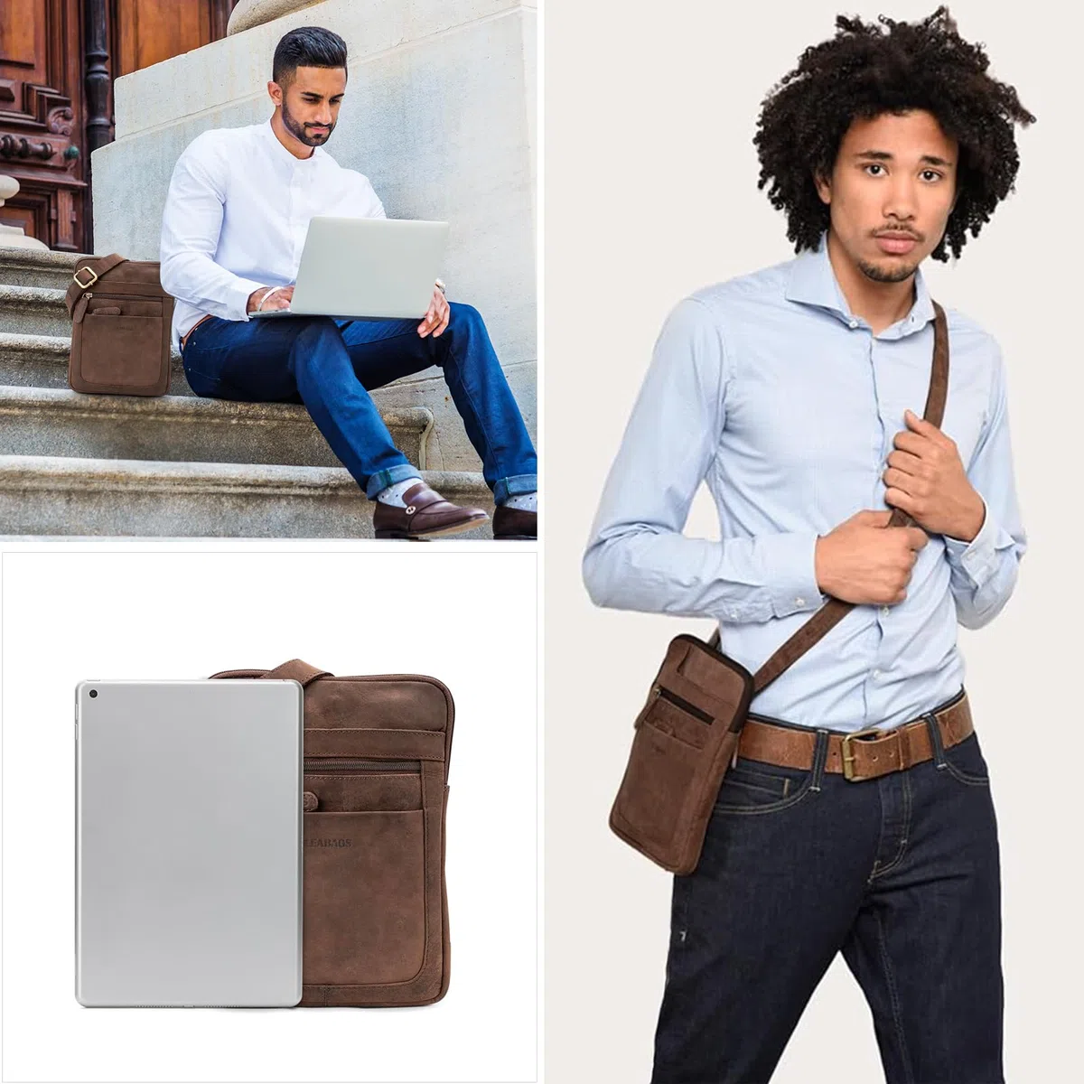 LEABAGS Bolso para Hombres y Mujeres | Bolsa de portátil de Cuero Genuino 15" | Bolso Bandolera con Correa | Bolso de Hombro | Bolsa mensajera | Bolsa de Trabajo | Bolsa de Profesor | Cow Saddle Horse