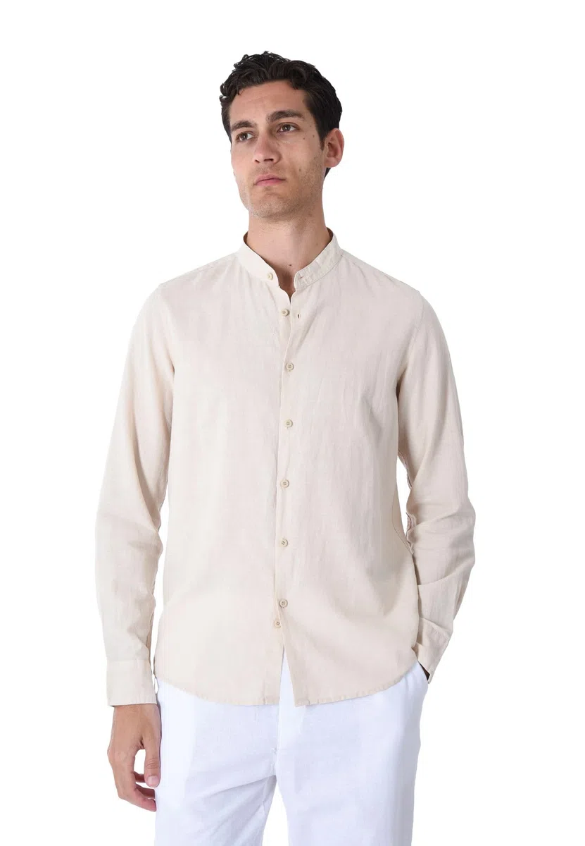 Camisa de hombre 100% lino cuello coreano blanco azul beige celeste negro rosa verde manga larga verano Slim Fit Serafino Sartorial Mangas revolables beige XXL