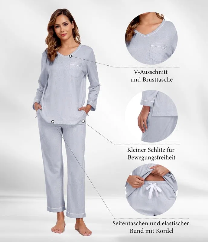 COLORFULLEAF Pijama para mujer 100% algodón largo pijama conjunto dos piezas otoño invierno pijamas manga larga traje de casa, gris, XL