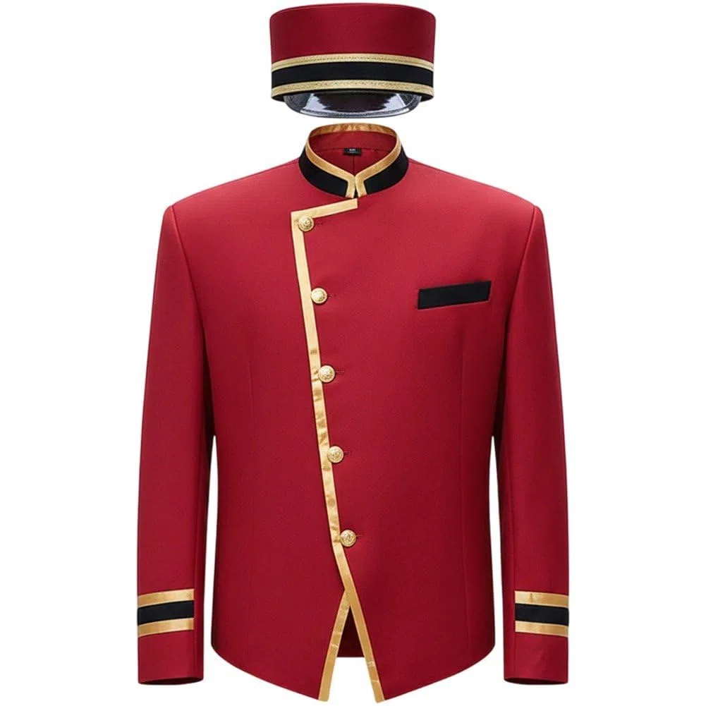 1 Conjunto De Uniforme De Recepción De Hotel con Sombrero, Uniforme Profesional De Hotel Rojo, Uniforme De Servicio De Manga Larga, Ropa De Camarero De Recepcionista De Hotel