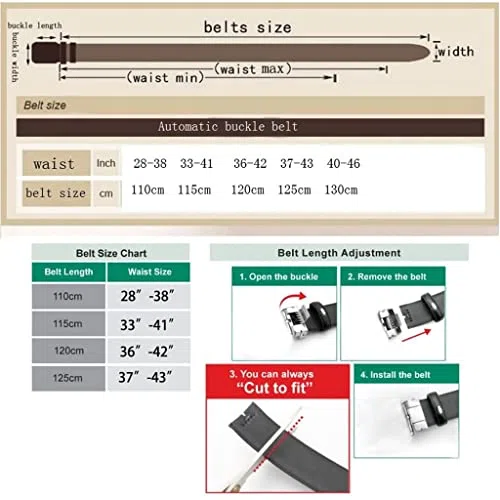 Cinturón de trinquete de Cuero para Hombres Hebilla Deslizante automática (Color : A, Size : 125cm)