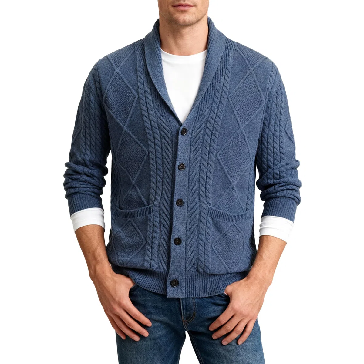 Amazhiyu Cárdigan de punto 100 % lana con cuello de chal y botones para hombre con bolsillos