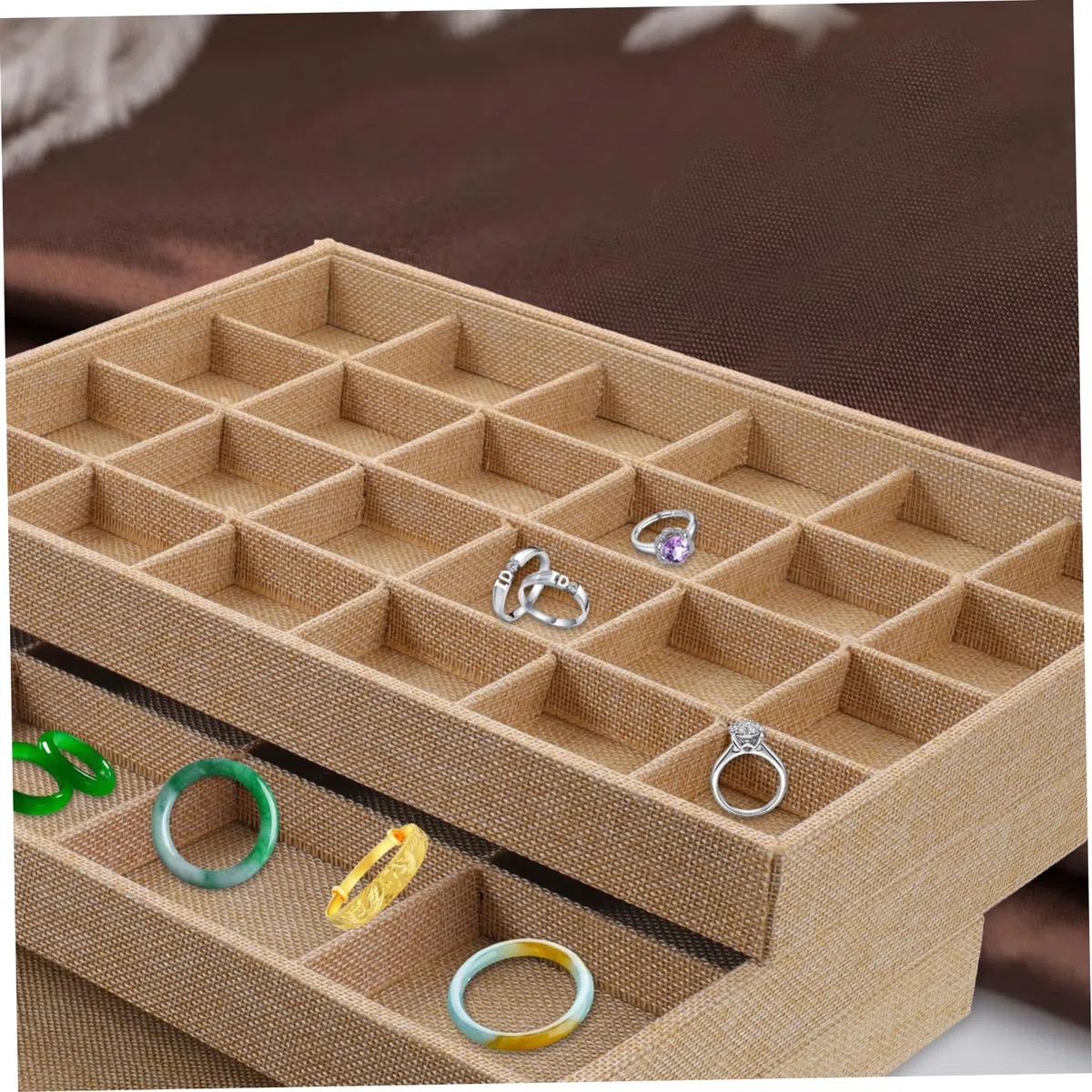 TOYANDONA 3 piezas Bandeja Organizadora de Joyas de Lino Apilable para Mujer Almacenamiento Práctico con Compartimentos para Anillos Pendientes Collares Caja Ligera y Portátil para Viaje y
