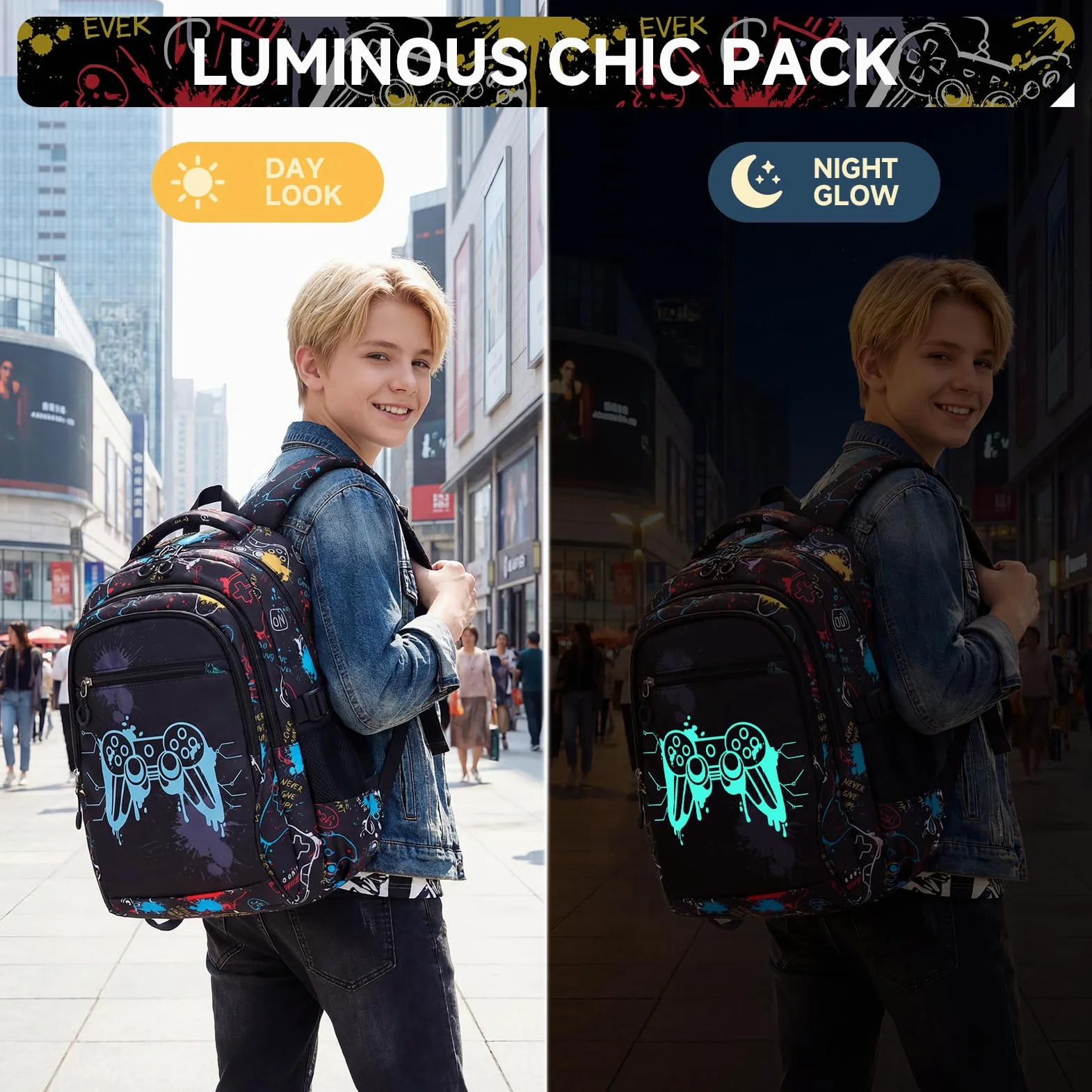 Amythe Mochila Escolar para Niños Adolescentes, Luminosa Nocturna 4 Piezas | Set Completo con Bolso Pecho, Bolsa Almuerzo & Estuche - Mochila Casual para Chicos - Impermeable para Cole Ocio, Negro