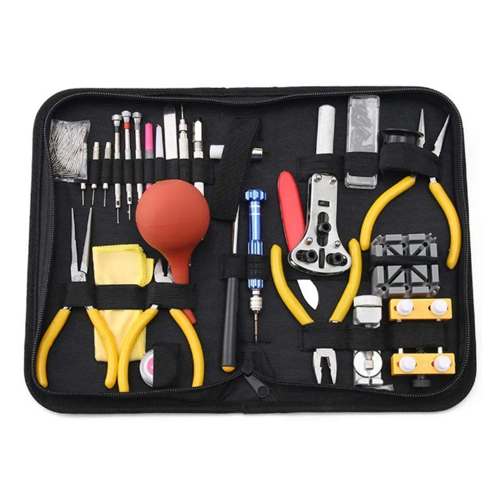 Kit de reparación de relojes en estuche de transporte, kit de herramientas de reparación de correa de reloj que incluye martillo, kit de herramientas de reemplazo de pilas de reloj para reparar vari