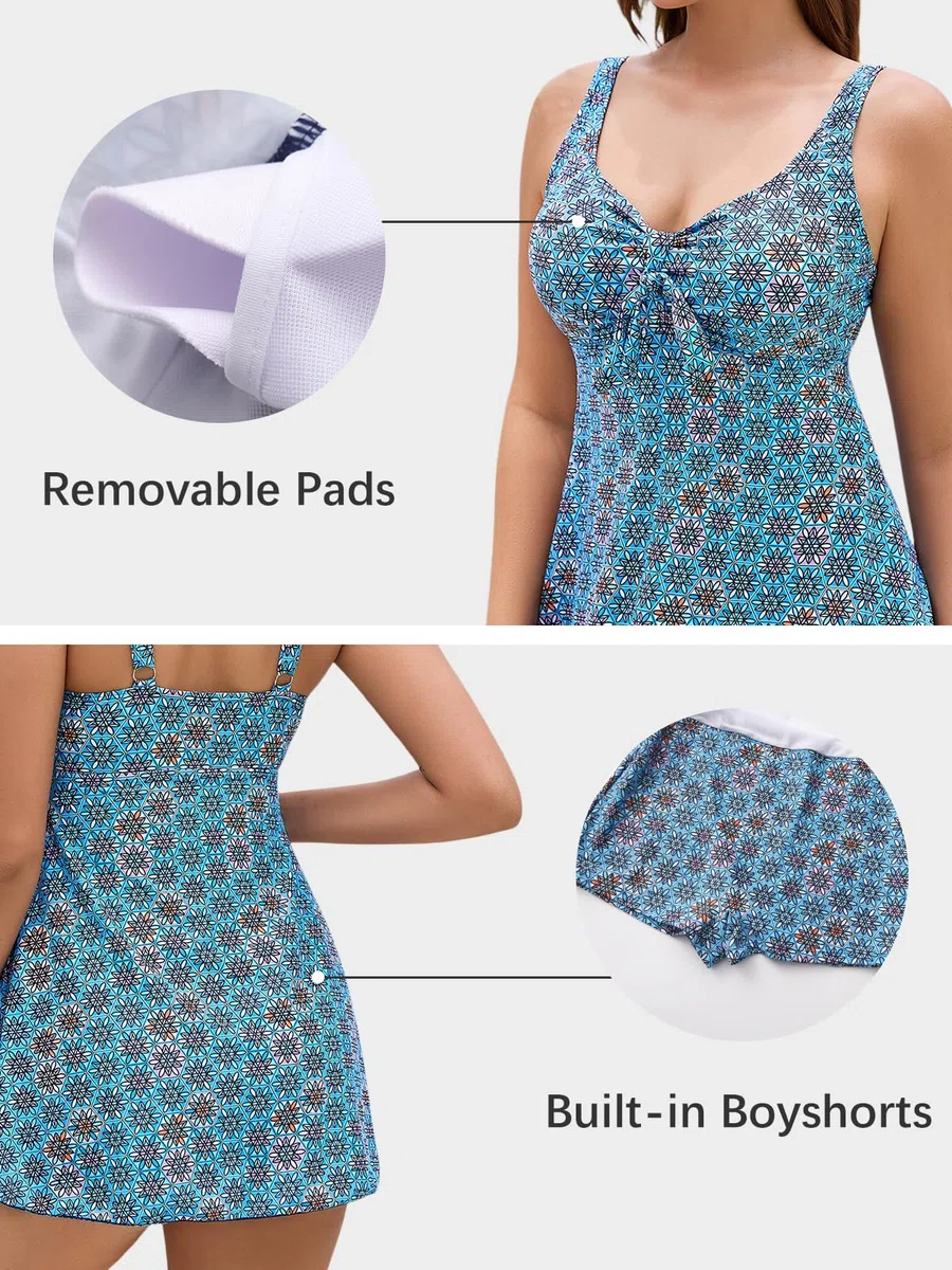 Ecupper Bañador de una Pieza Vestido Mujer | Elástico 4 direcciones, V con lazo, falda y short seguridad. Almohadillas extraíbles, estampado marroquí. Secado rápido.