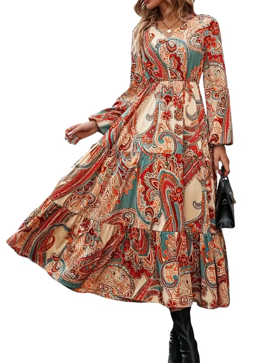 GRECIILOOKS Vestido de mujer elegante con cuello en V, vestido casual de estilo occidental, vestido maxi estampado floral para mujer, vestido estampado floral para mujer, moderno, vacaciones, fiesta y