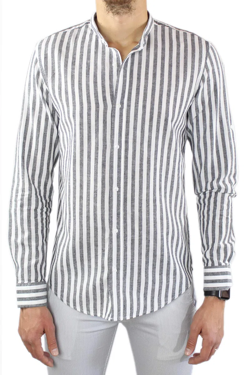Camisa de lino para hombre Coreana a rayas negras de 100% lino Slim Fit elegante de manga larga a rayas