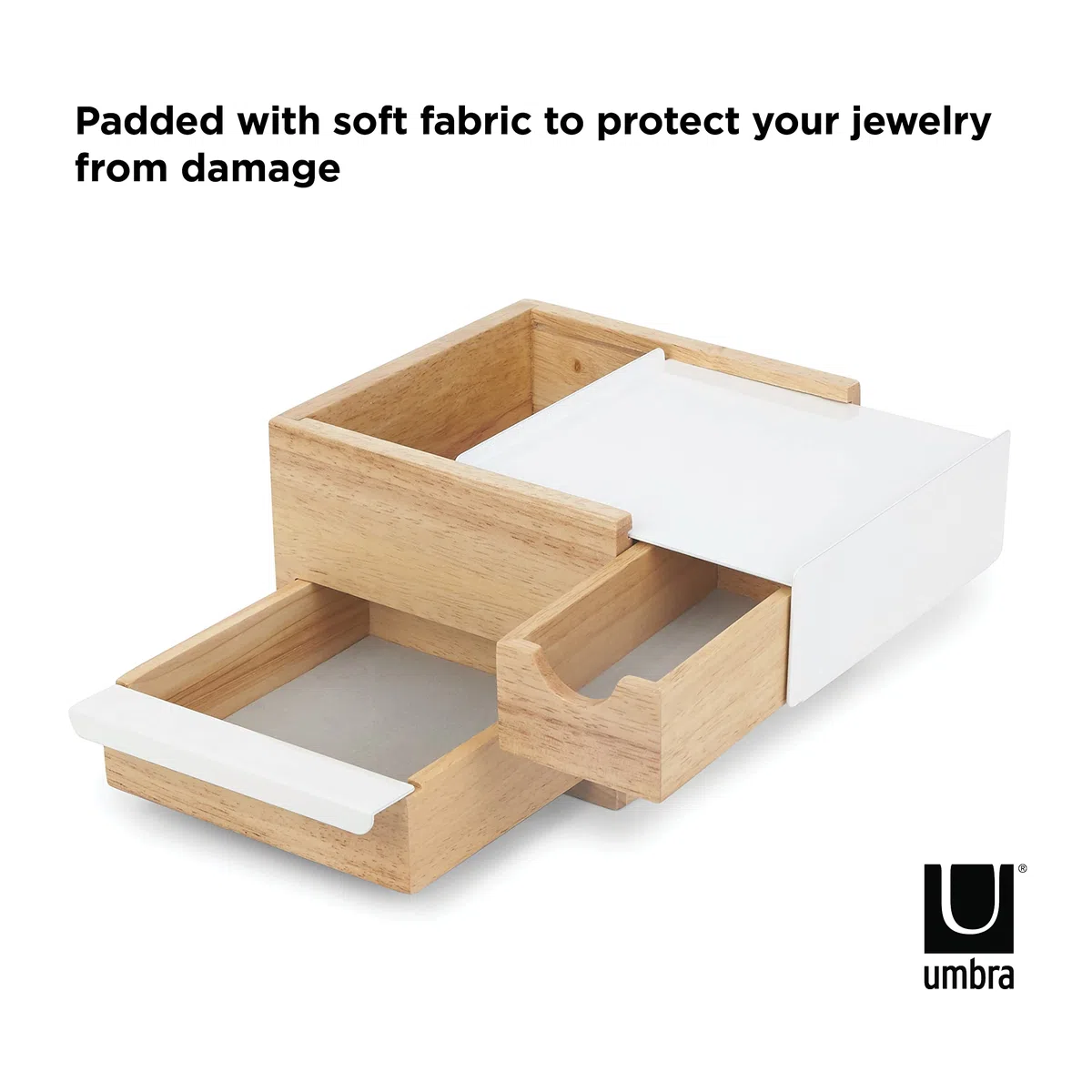 Umbra Mini Stowit Caja de joyas - Moderno organizador de joyas con cajones de compartimento oculto para anillo, pulsera, reloj, collar, pendientes y accesorios, Blanco/Natural