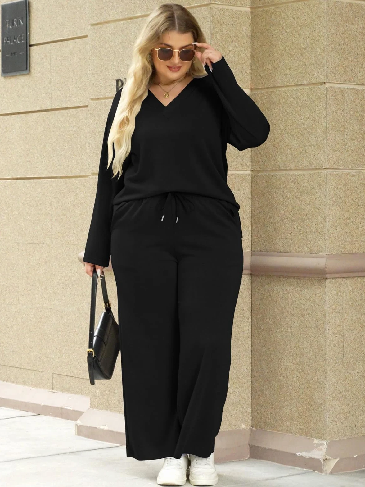 VUTRU Chándal de dos piezas para mujer, elegante, de algodón, cuello redondo, de manga larga y pantalones anchos con bolsillos, traje deportivo para mujer