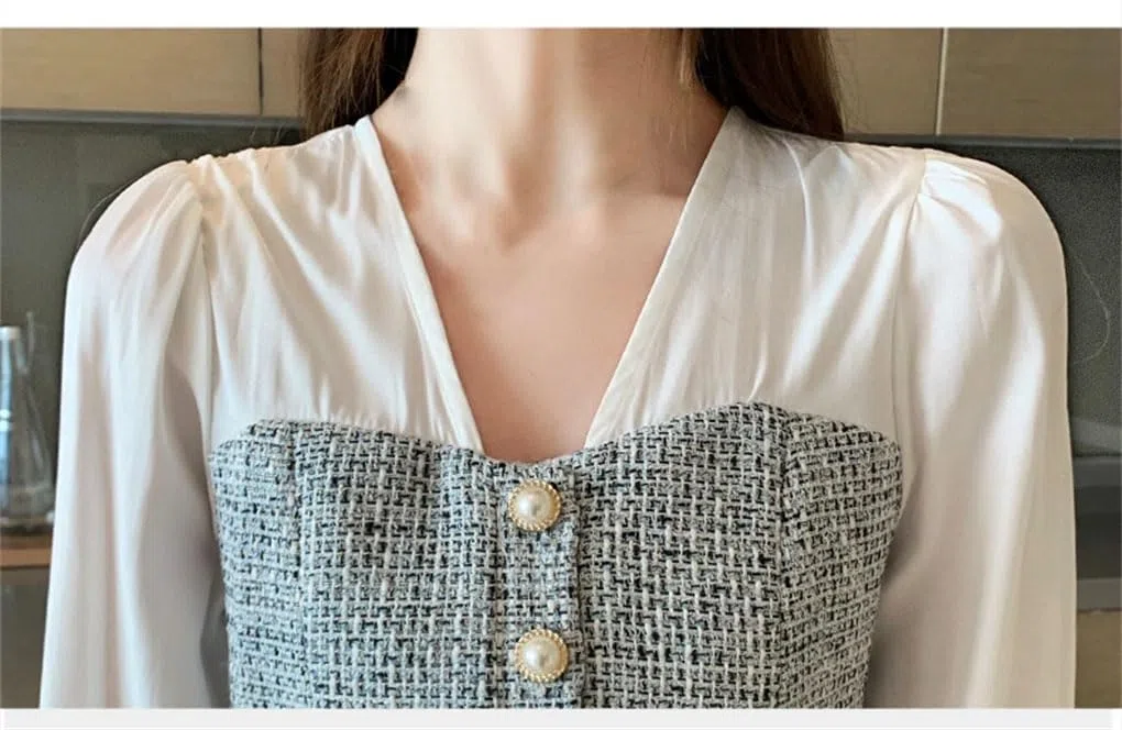 Blusa de chifón con cuello en V para mujer, manga larga, con botones, informal, de retazos, para oficina, trabajo