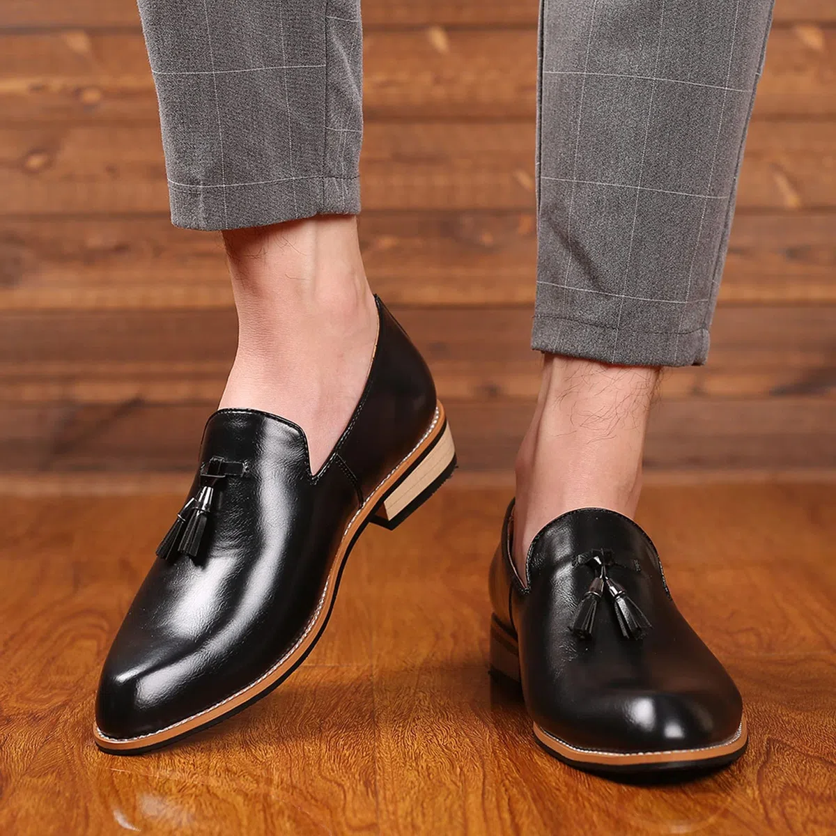 Mocasines clásicos con borlas para hombre, zapatos de vestir elegantes de piel sintética para negocios, bodas, fiestas, Black, 38 2/3 EU