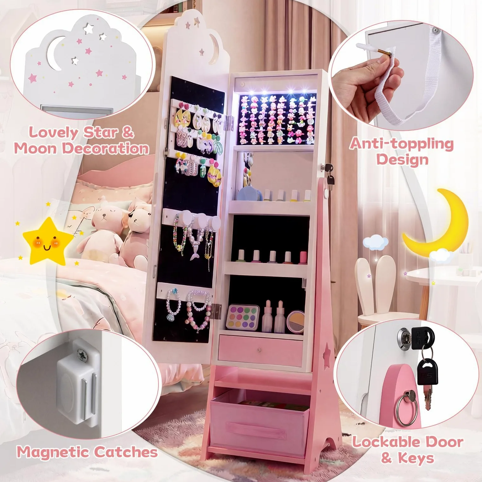 FANTASK Armario para joyas para niños, armario con espejo con iluminación LED y espejo de cuerpo entero, organizador de joyas inclinable con espejo interior y cajones, para habitación de los niños