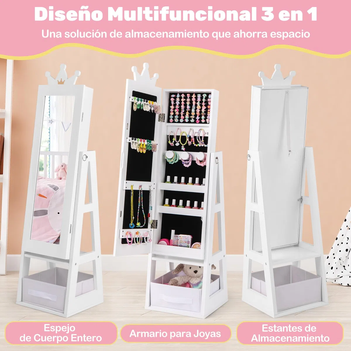 COSTWAY Armario de Joyería para Niñas con Espejo, Espejo Joyero de Cuerpo Completo con Gran Capacidad de Almacenamiento, Armario para Joyas Infantil con Ganchos, Estantes y Cajón (Blanco)