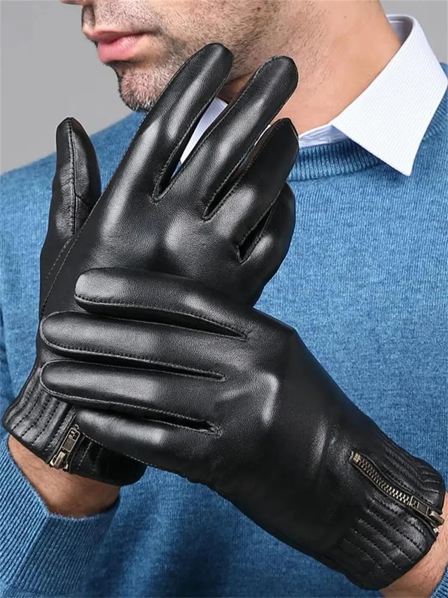 Guantes de piel de oveja auténtica para hombre, color negro, para pantalla táctil, forro polar, guantes de conducción cálidos para invierno