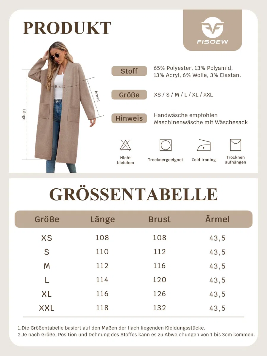 Fisoew Chaqueta de punto para mujer, cárdigan largo, de manga larga, oversized de punto, con bolsillos frontales abiertos.