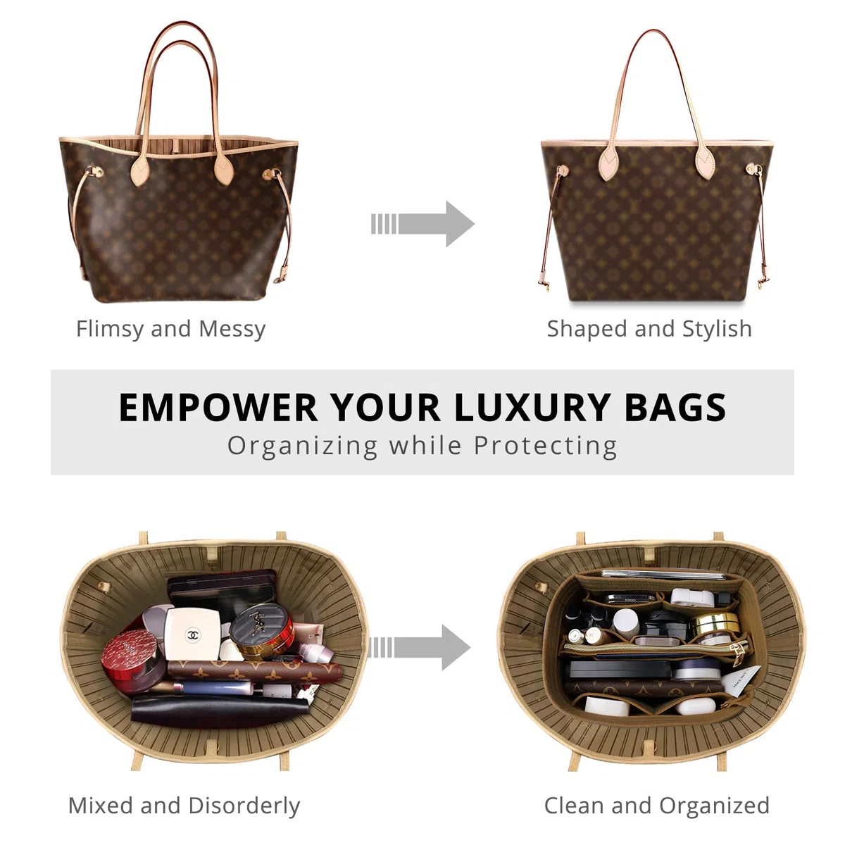 OPPOSHE Organizador de bolso para bolsos, organizador de fieltro suavizado para bolso, organizador de bolso compatible con LV, Coach, MK, Kate Spade, Goyard, Longchamp, marrón, L