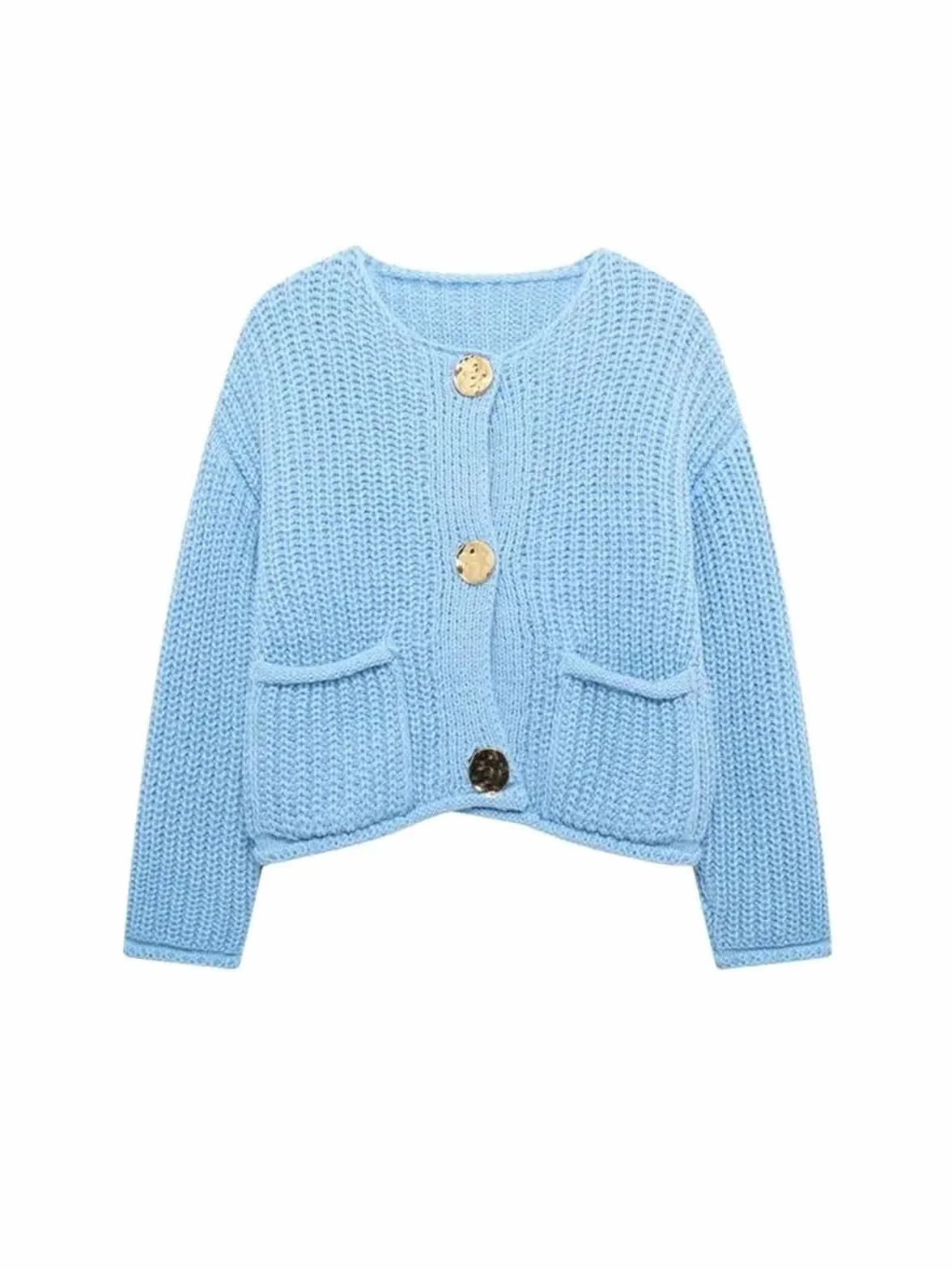 Cardigan Mujer Suéter de Punto Manga Larga for Mujer, Botones Dorados, Bolsillos Parche Delanteros, Cuello Redondo, Prenda Exterior Femenina