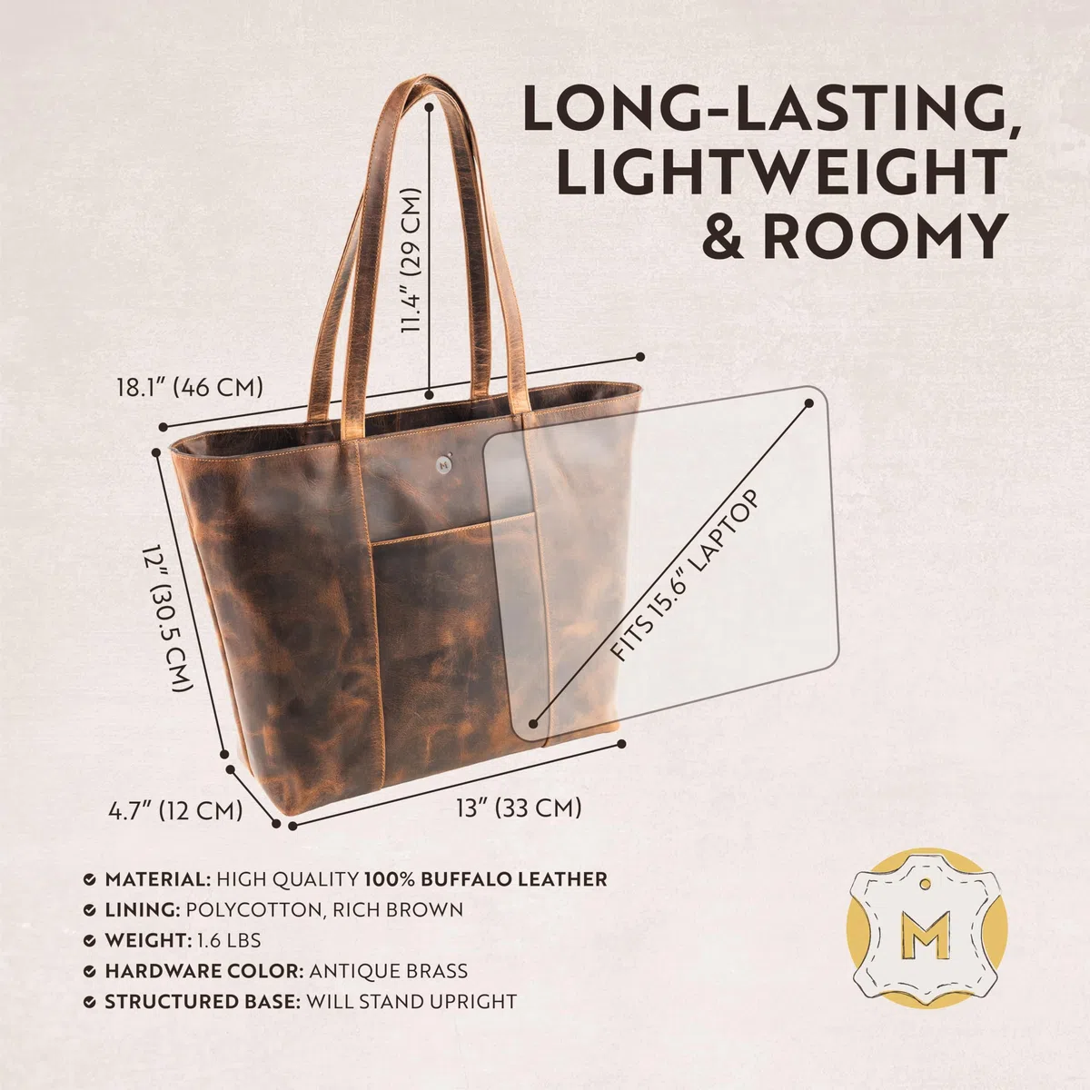 moonster Tote Bag 100% Cuero para Mujer – Bolso de Mujer Atemporal en Duradera Piel de Búfalo – Grandes Bolsos de Piel Auténtica para Mujer con Forro de Polialgodón y Aplicaciones Metálicas