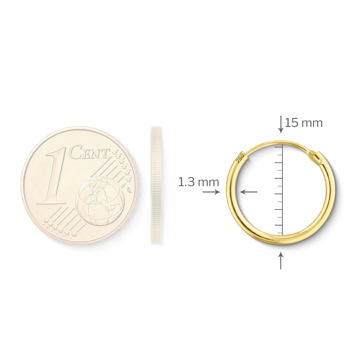 Aritos de oro pequeños finos 15mm 8k 9k 14k 18k Oro amarillo ancho 1.3mm Pendientes de Aro Mujer Niña Hombre Aros de oro Con caja de regalo de joyería