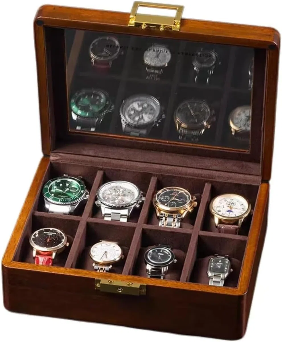 Caja de Madera para Relojes 8 Espacios con Tapa de Cristal Nogal Organizador de Exposición para Hombres Mujeres, 8 Slots-Terciopelo marrón Profundo, Madera Maciza de Teca Dorada