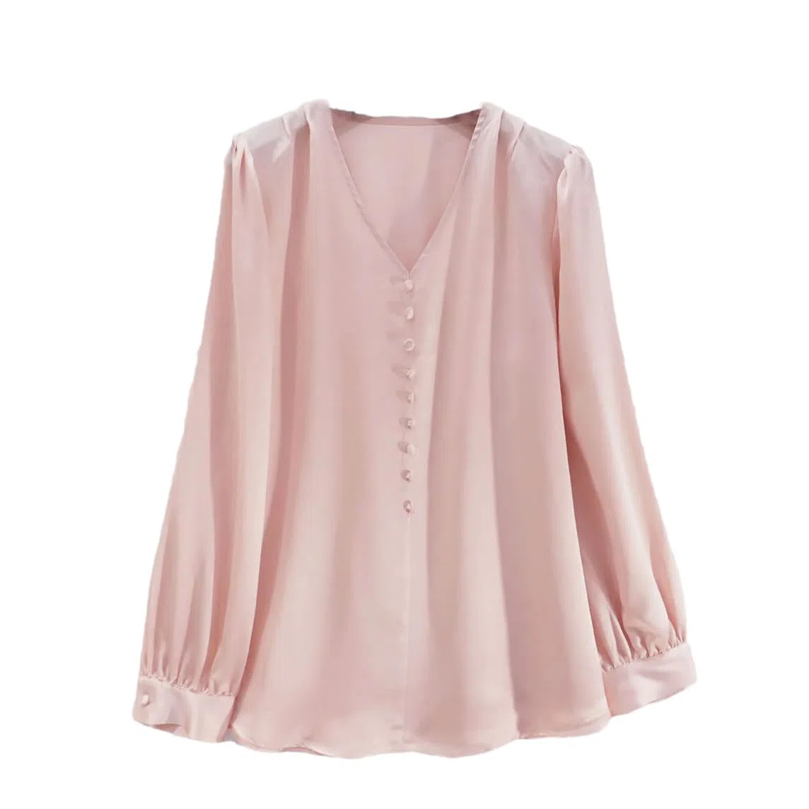 Camisa de satén de seda para mujer, manga larga, cuello en V, blusa para oficina, color liso, para oficina