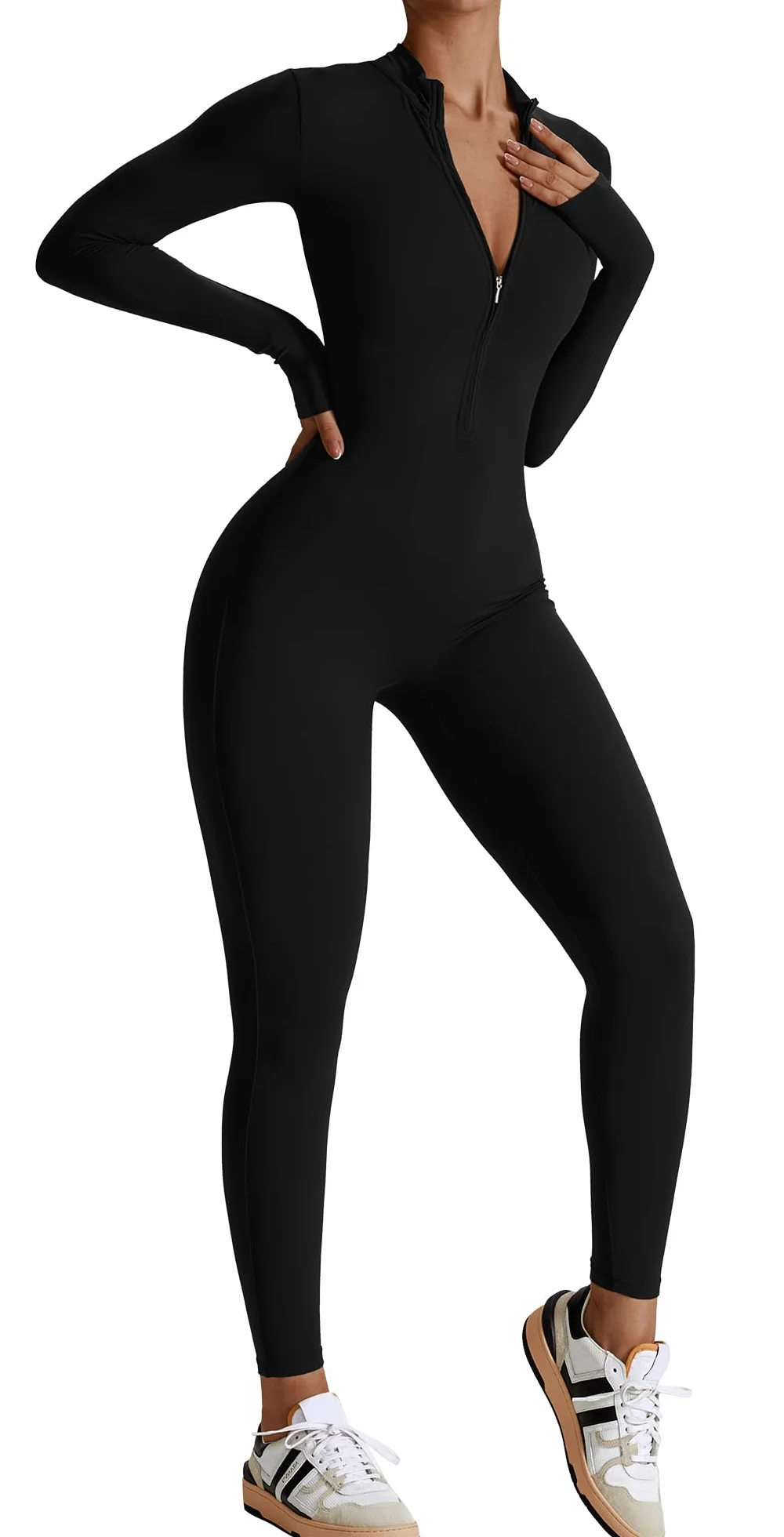 SEAUR Enterizo de yoga para mujer, largo y deportivo, body ajustado con cremallera de 1/2, mameluco de una pieza para gimnasio, fitness, correr, S-XL