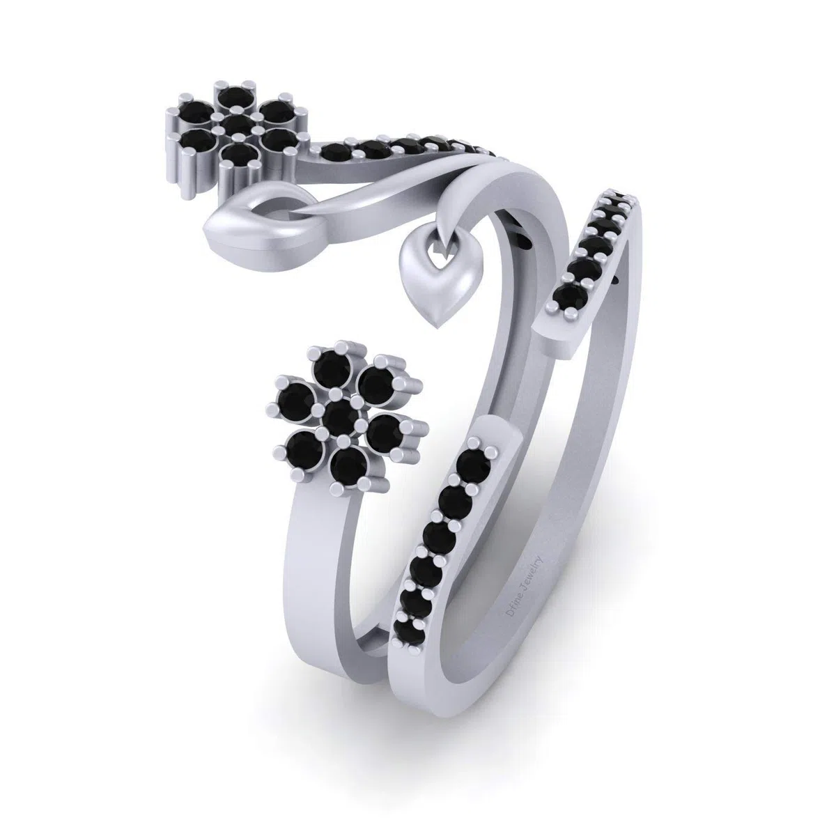Juego de anillos de boda de plata de ley 925 maciza con diamante negro y hoja floral ajustable para novia, Metal metal Piedra, Diamond