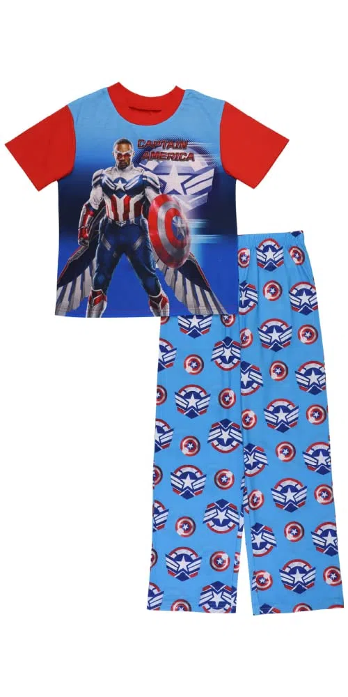 Avengers Boys' Captain America Black Panther 2-Piece Short Sleeve Long Pant Pajama Set, New Cap, 10