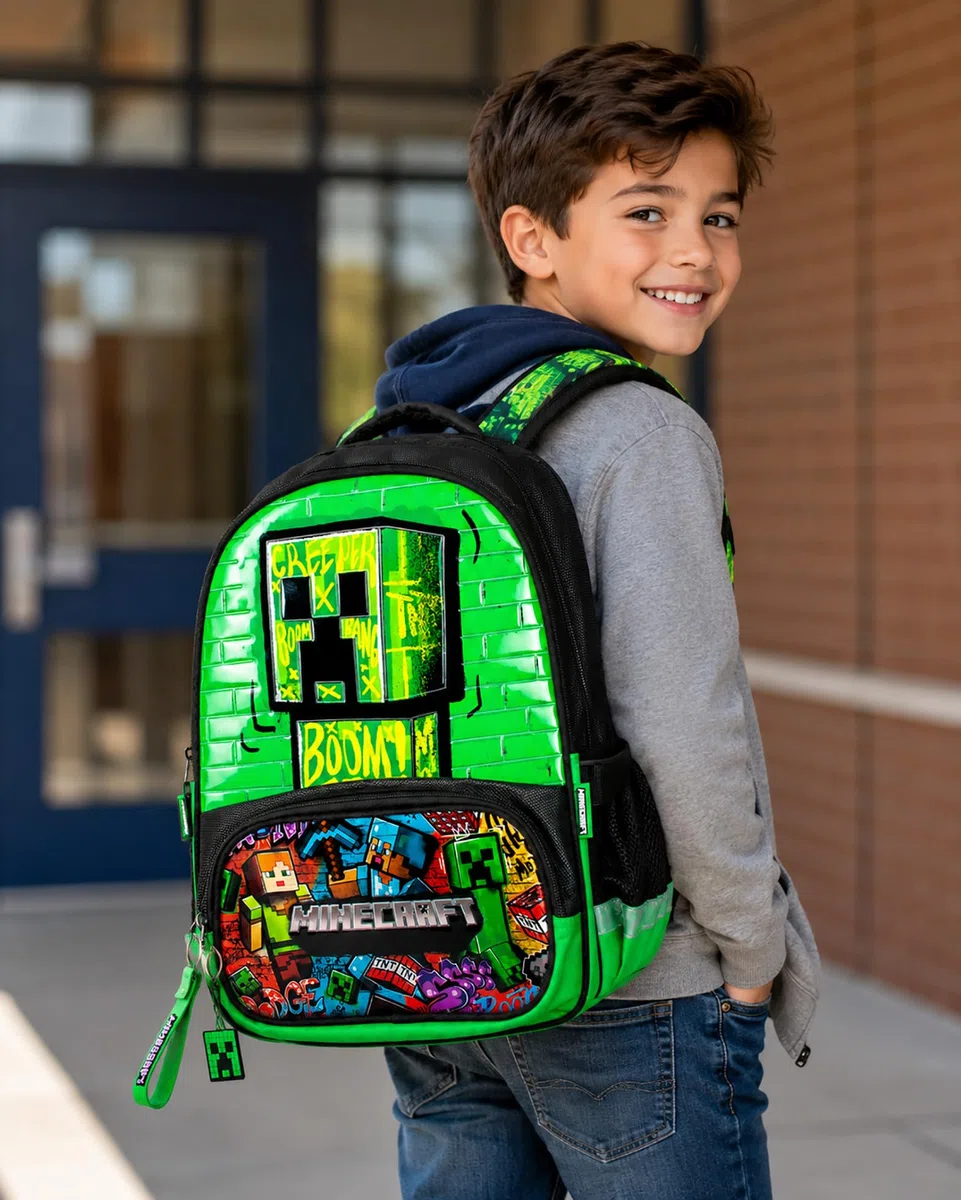 Pack escolar 2 piezas para fans de Minecraft – Mochila niño 42 cm 22 L Primaria 6-12 años + estuche completo 3 compartimentos 44 piezas