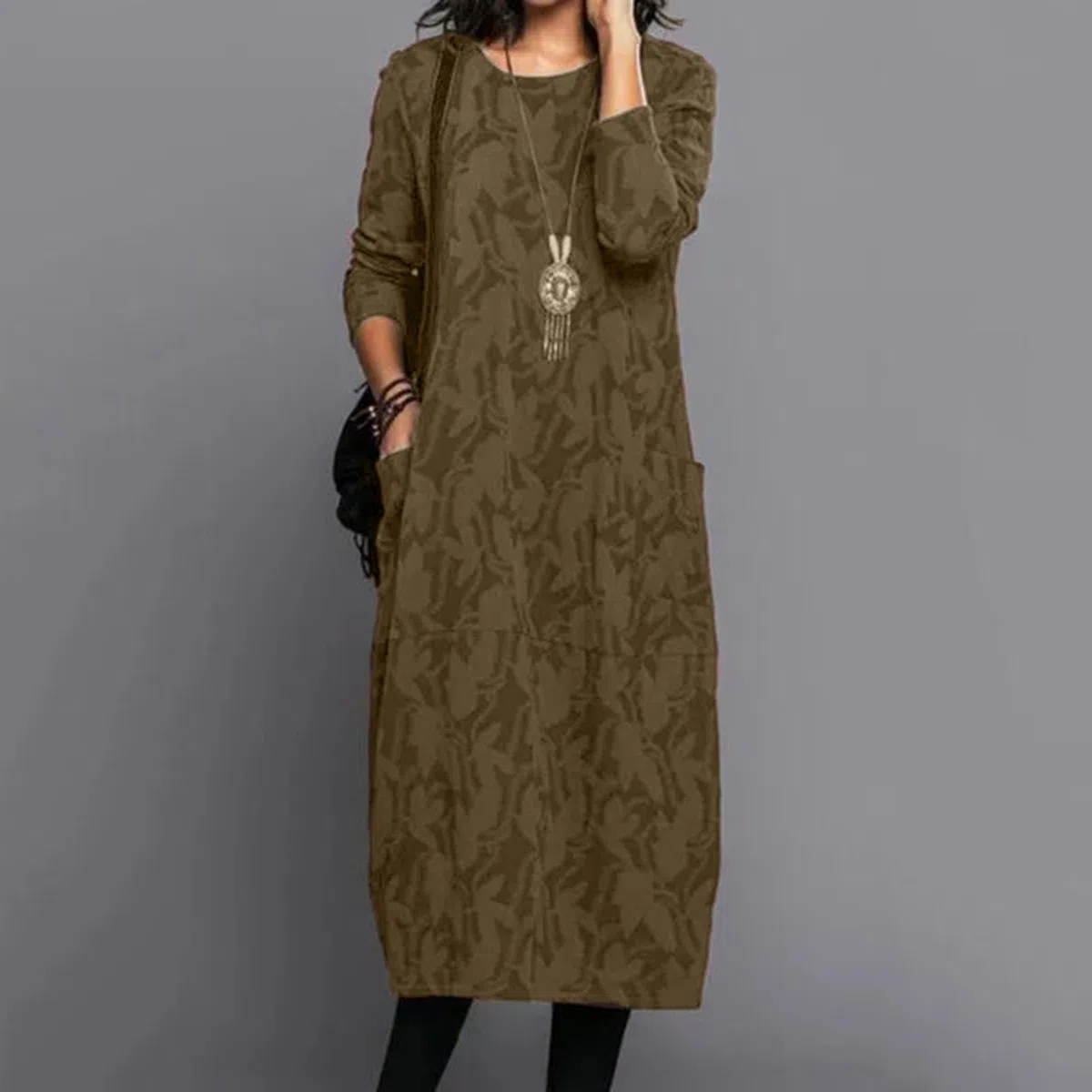 Vestido midi floral de manga larga con cuello redondo, para primavera y otoño, vestido suelto a media pantorrilla con bolsillos laterales, elegante atuendo con estampado floral para mujer, uso diario