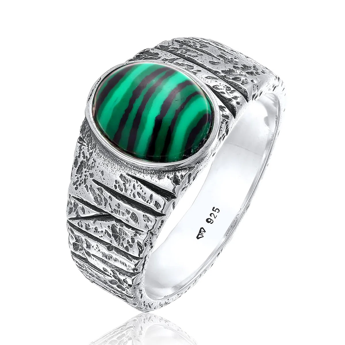 Kuzzoi Anillo para hombre ovalado con piedra preciosa de malaquita, anillo para hombres macizo (10 mm) en plata de ley 925, anillo de plata estructurada negro oxidado, tamaño 60 – 66, 0607171522